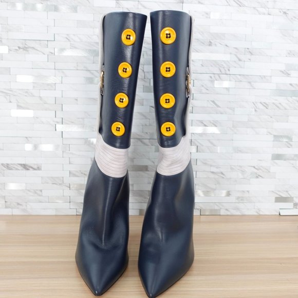 Italian Leather Boots 10 Knee High‎ Swarovski Gold Crown Quite Luxury Blue $1288 - Picture 4 of 16